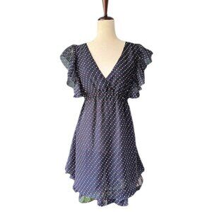 Miss Patina London Est Lola Polka Dot Dress Flutter Sleeves V Neck Navy Blue S/M